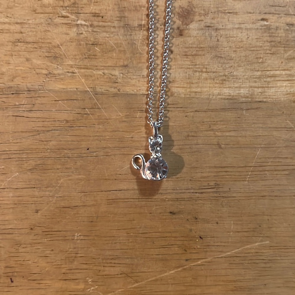 SAQ Cat Rhinestone Silver Tone Necklace